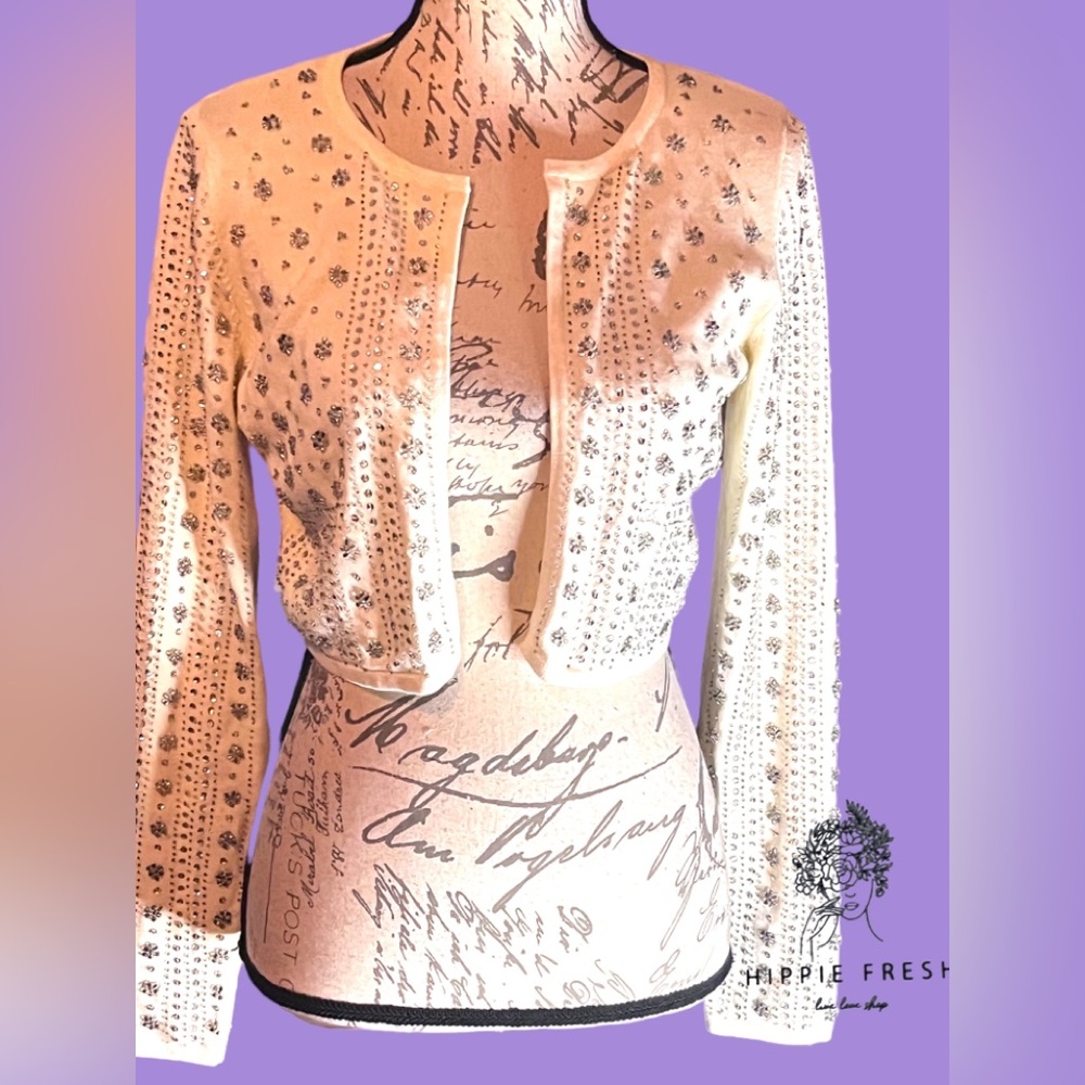Rhinestones Embellished Open Front Wool Blend Bolero/ Shrunken Cardigan Size M/L